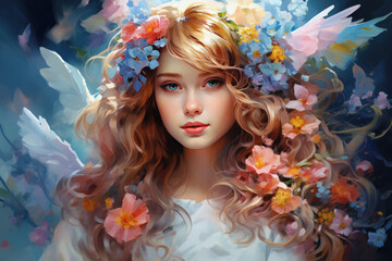 Floral watercolor illustration of a portrait of a beautiful girl, fantasy painting in pastel colors