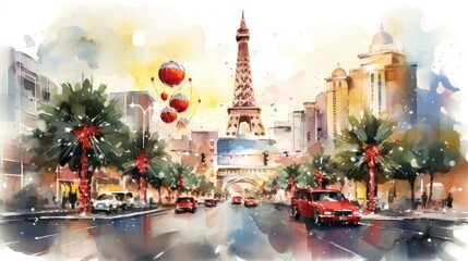  a watercolor painting of the eiffel tower and cars driving down a street with palm trees in the foreground and a red car driving down the street.