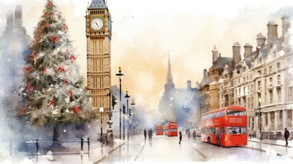  a painting of a red double decker bus on a city street with a christmas tree in the foreground and a red double decker bus on a city street with a red double decker bus.