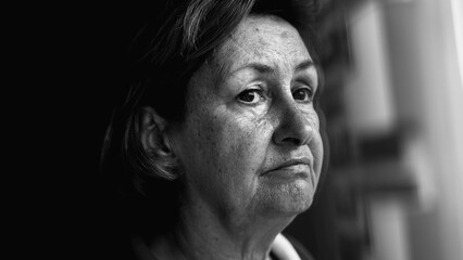 Anxious depressed senior woman close-up face standing by window looking out with quiet moody...