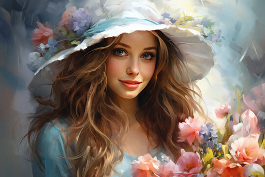 Floral watercolor illustration of a portrait of a beautiful girl, fantasy painting in pastel colors