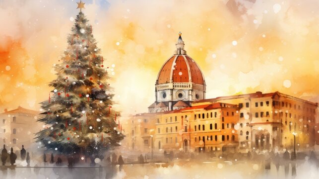  a watercolor painting of a christmas tree in front of a large building with a dome and a clock on the top of it, with a yellow sky background.
