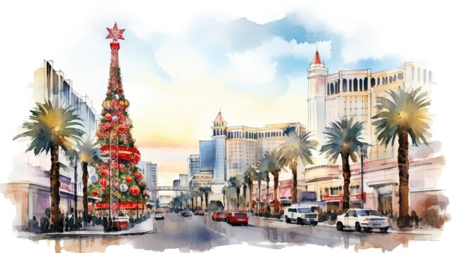  a watercolor painting of a christmas tree in the middle of a street with palm trees on both sides of the street and buildings on the other side of the street.