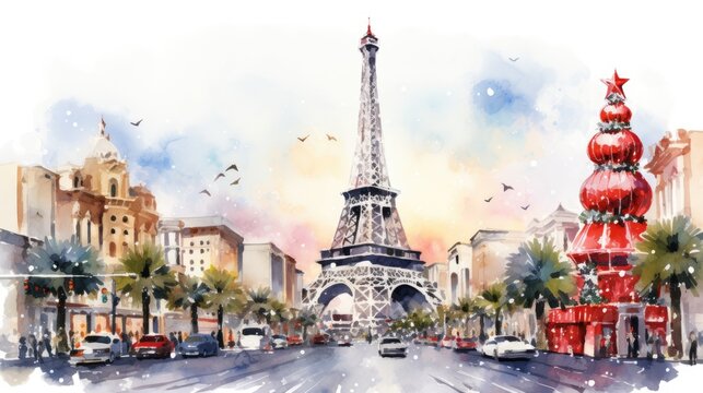  a watercolor painting of the eiffel tower with cars driving down the street in front of the eiffel tower, paris, france, with birds flying around the eiffel tower.