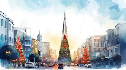  a watercolor painting of a christmas tree in the middle of a city street with cars parked on the side of the street and a steeple with a steeple in the background. - obrazy, fototapety, plakaty