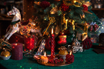 Magic Christmas time illustration. Red New Year Candles at home