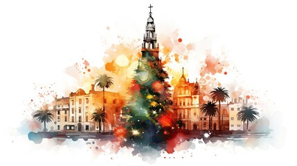  a watercolor painting of a christmas tree in front of a large building with a steeple on the top and a clock tower on the side of the building.