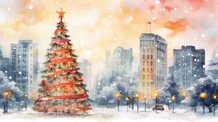  a painting of a christmas tree in the middle of a city with buildings in the background and a red ribbon on the top of the christmas tree in the foreground.