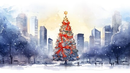  a watercolor painting of a christmas tree in a park with a cityscape in the background and snow falling on the ground and buildings in the foreground.