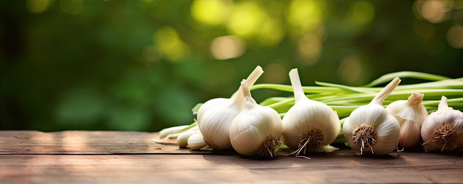 More garlics bulbs on wooden table against green background. White garlic heads on board.