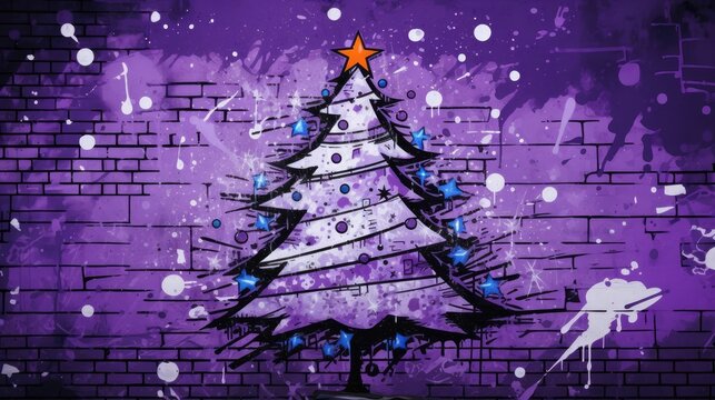  a painting of a christmas tree on a brick wall with a star in the middle of the tree and snow flakes all around the tree, on a purple background.