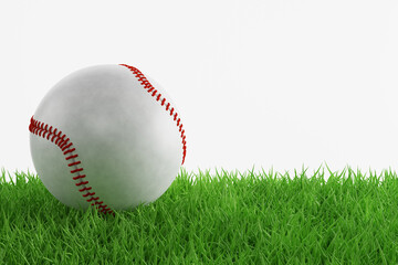 Baseball ball on green grass with copy space. 3d-rendering