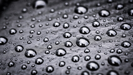 Rain droplets or water splashing and floating drop on the black bonnet of car with Kevlar films...