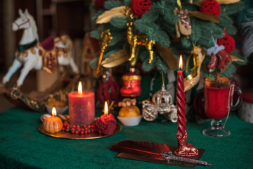 Magic Christmas time illustration. Red New Year Candles at home