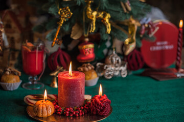 Magic Christmas time illustration. Red New Year Candles at home