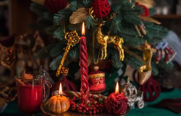 Magic Christmas time illustration. Red New Year Candles at home