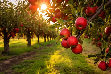 The golden hour sun streams through rows of apple trees, casting a warm glow over the red, ripe...