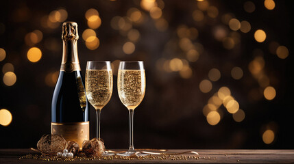 Two glasses of champagne and christmas decoration on bokeh background.