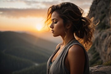 Young woman meditating on a cliff overlooking a mountain landscape, outdoor relaxation for mental wellbeing, generative AI