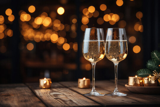 Two glasses of champagne on a wooden table against the background of Christmas lights.