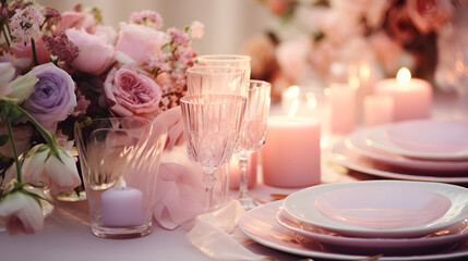 Wedding table setting in pink colors. Plates and glasses for a festive dinner, a pleasant atmosphere with flowers and candles..