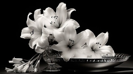  a black and white photo of white flowers in a silver bowl on a black background with a black background and a black and white photo of flowers in a silver bowl.