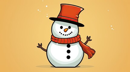  a snowman wearing a red hat and a red scarf and a red scarf around his neck is standing in front of an orange background with snow flakes and snowflakes.