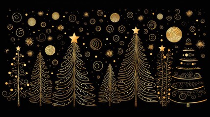 Fototapeta na wymiar a black and gold christmas card with a line of christmas trees, stars, and confetti on a black background with gold confetti balls and snowflakes.