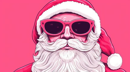  a close up of a santa clause wearing sunglasses and a santa hat on a pink background with the words santa written on the side of the santa claus's hat.
