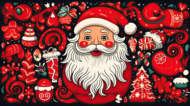  a painting of a santa claus surrounded by christmas ornaments and decorations on a black background with red and white swirls on the bottom half of the face and bottom half of the image.