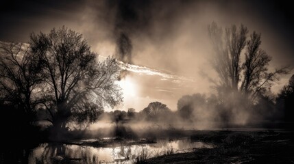  a black and white photo of a river with steam rising from the water and trees on the other side of the river, with a cloudy sky in the background.