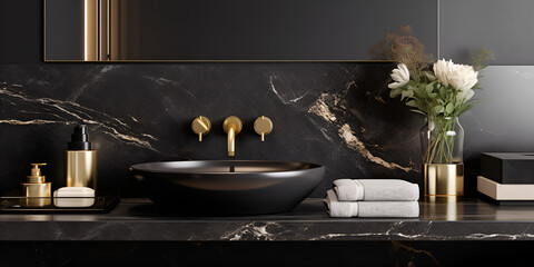 Luxury Bathroom Interior, 3d rendering modern black bathroom with luxury tile decor with black wash basen towels and beautiful white flowers in the vase, generative AI
