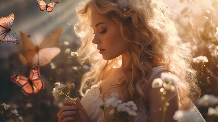  a woman with long blonde hair standing in a field of flowers with two butterflies flying above her and one of her hands is holding a flower in her other hand. - obrazy, fototapety, plakaty