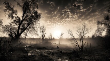  a black and white photo of a foggy field with trees in the foreground and the sun in the distance with clouds in the sky over the trees and in the foreground.