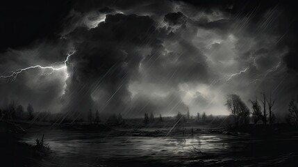  a black and white photo of a storm in the sky over a body of water with trees in the foreground and a boat in the water in the foreground.