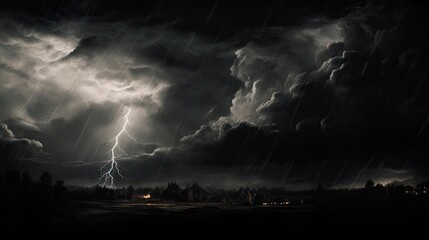  a black and white photo of a storm in the sky with a lightning bolt in the middle of the sky and a house on the other side of the road.