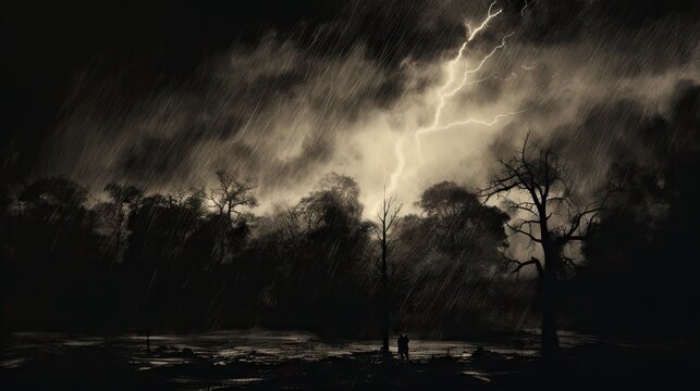  a black and white photo of a storm in the sky with a tree in the foreground and a dark sky in the background with a lightning bolt in the distance.