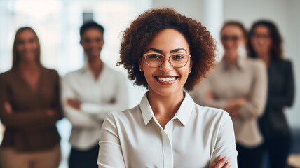 Portrait of a beautiful young African American businesswoman in eyeglasses standing in the office with her colleagues in the background. Ai render. - obrazy, fototapety, plakaty