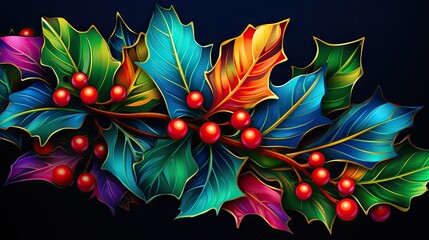  a colorful christmas holly branch with red berries and green leaves on a black background with red berries and green leaves with red berries and green leaves on a dark background.