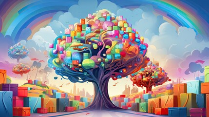 a painting of a colorful tree with many cubes on it's trunk and a rainbow in the sky over a city and a rainbow - colored rainbow - filled sky.