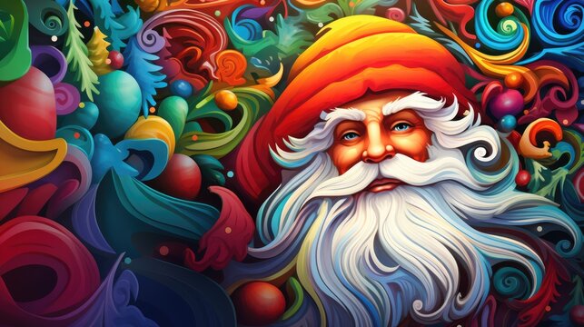  a close up of a painting of a santa clause with a beard and colorful swirls on the bottom half of his face, and bottom half of his head, and bottom half of his face.