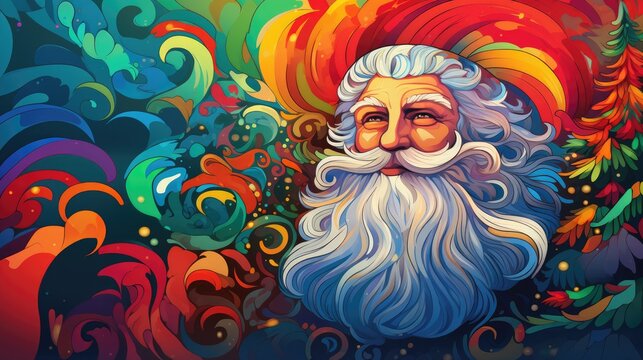  a close up of a painting of a man with long white hair and a beard with multicolored swirls 