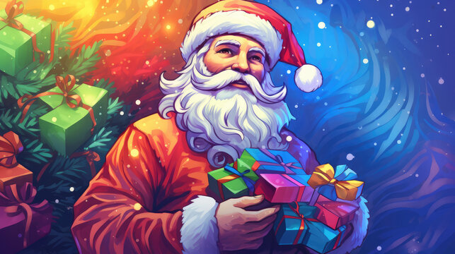  a digital painting of a santa clause holding a present in front of a christmas tree with presents on it and a bright blue and yellow background with snowflakes.