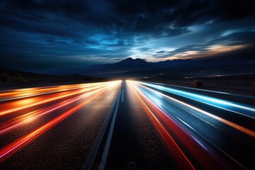 Fototapeta na wymiar car light trails on the road with mountain background, long exposure photo, Ai Generated