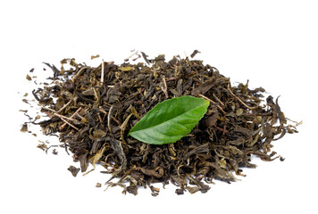 Dried green tea on the white background