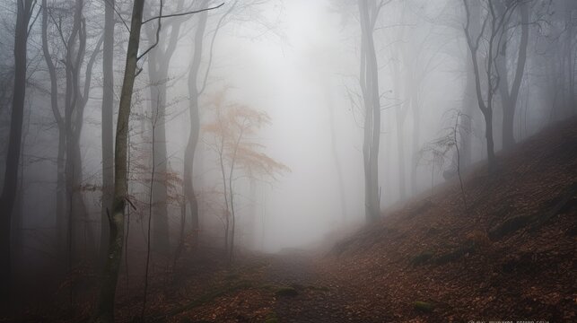  a foggy forest with lots of trees on the side of a hill with leaves on the ground and on the ground, and in the foreground is a trail with no leaves on the ground.