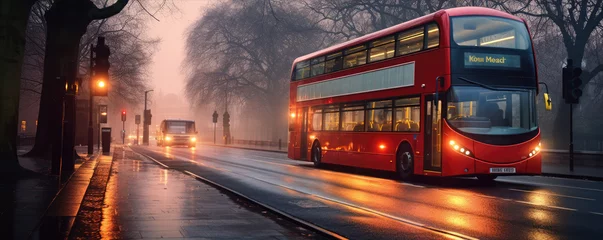 Poster Red modern style London Doubledecker Bus in almost night city. © Sabrewolf