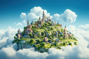 Castle on the hill in the clouds, 3D illustration, Ai Generated