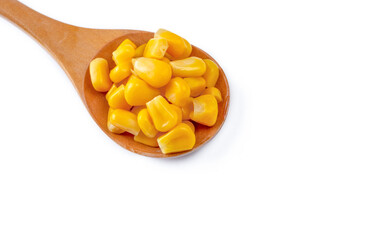 Heap of canned yellow sweet corn seeds isolated on white background