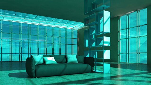 Modellazione 3D e rendering di locale open space con ampie vetrate ed arredo minimalista